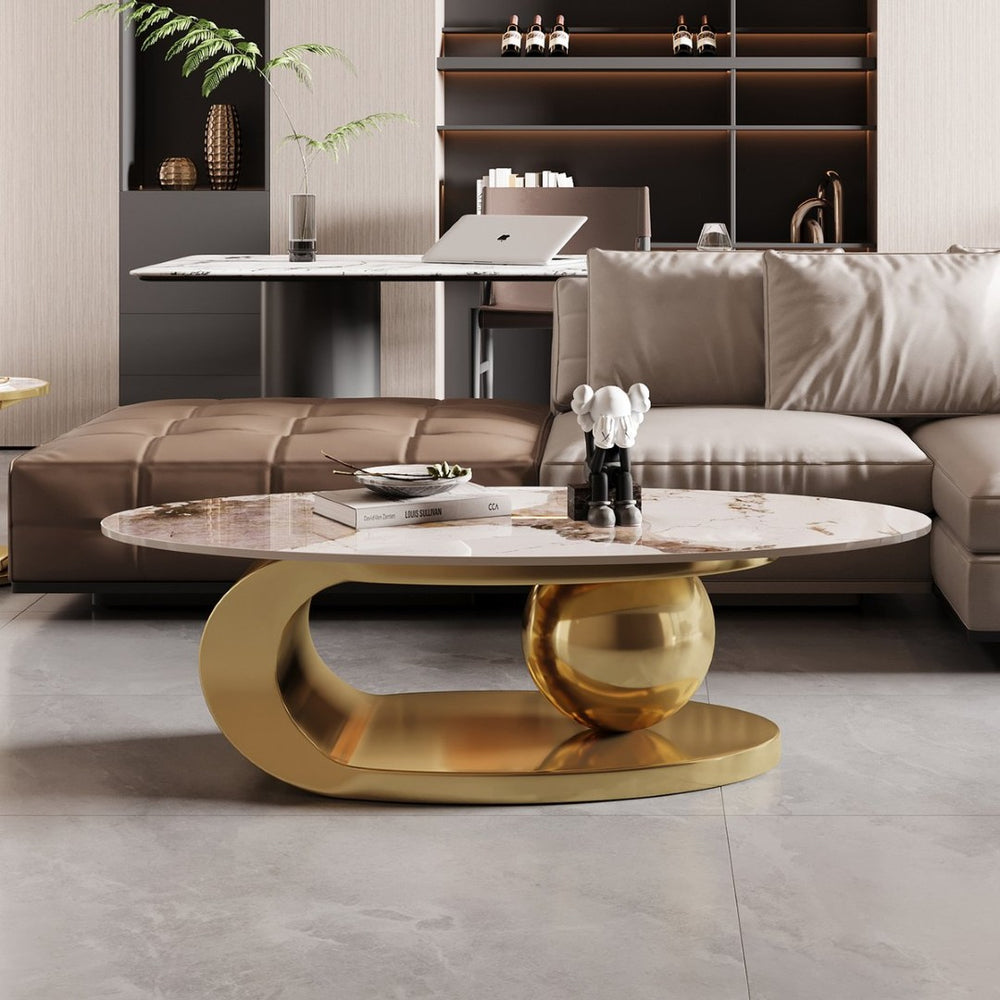 English Elm Gold Pedestal Coffee Table with Sintered Stone Marble Top for Modern Living Rooms W3985S00020