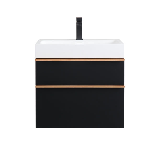 English Elm VELA 24 Inch Wall Mounted Bathroom Vanity with Integrated Acrylic Sink, Dual Wood Handles, Soft-Close drawers and Organizer Black W3235P327615