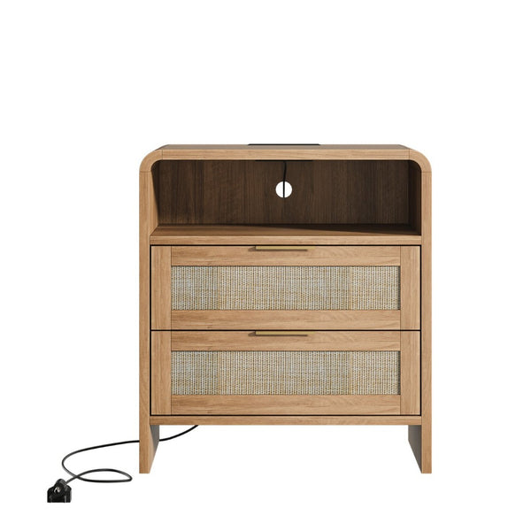 English Elm Rattan Drawer Nightstand Set with Built-in Charging Station and Open Shelf Bedroom Storage Caramel W1820P410556
