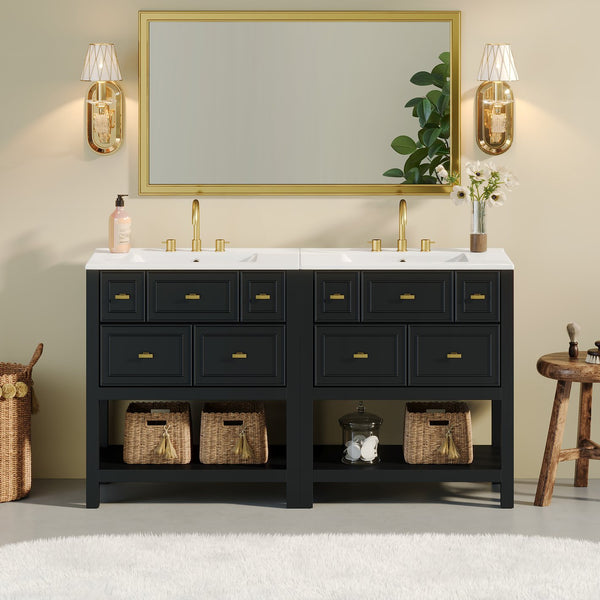English Elm 60'' Elegant Freestanding Bathroom Vanity Set With Ceramic Sink, Solid Wood Frame & Ample Storage N710SS00004B