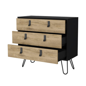 English Elm Kimball Modern Hairpin Legs Dresser, 3-Drawer Black/Macadamia Finish, Metal Handles, RTA Elegance B128P176106