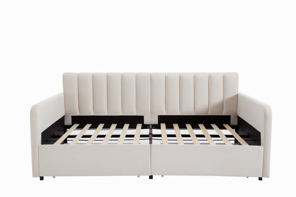 English Elm Flora Twin Daybed with 2 Dust‑Proof Drawers, Ivory Velvet Upholstery, Ribbed Tufted Backrest, Modern Storage Design B083P156245