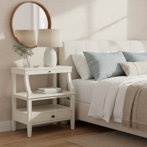 English Elm Newland Antique White Storage Nightstand with Drawer, Pull-Out Tray, Black Hardware & Fluted Legs B05063817