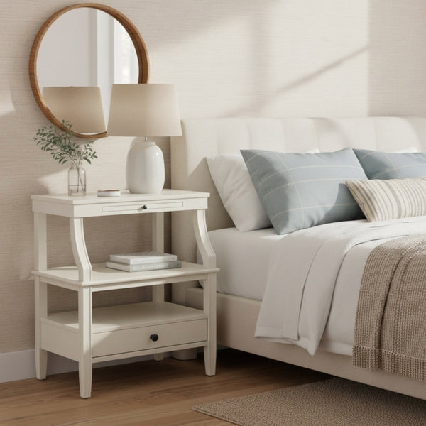 English Elm Newland Antique White Storage Nightstand with Drawer, Pull-Out Tray, Black Hardware & Fluted Legs B05063817