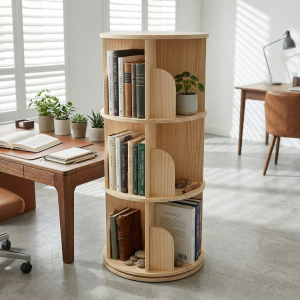 English Elm 3 Tier Spinning Round Bookcase Natural Wood Floor Shelf for Bedroom or Study W2989P460321