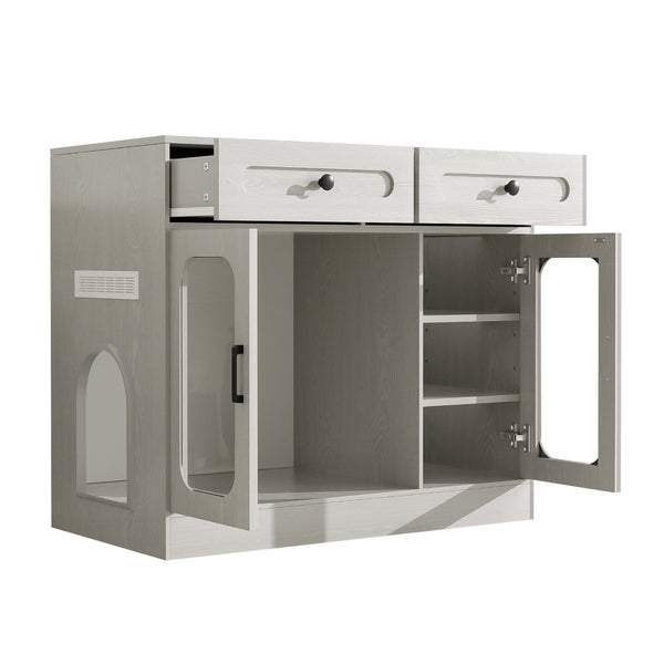 English Elm Cat Litter Box Cabinet with Glass Doors Led Light Drawers and Wood Grain Finish Gray N704P395520E