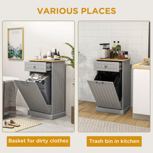 English Elm HOMCOM Tilt-Out Trash Cabinet with Drawer and Oak Top, Space-Saving Pet-Safe Kitchen Organizer W2225P200649