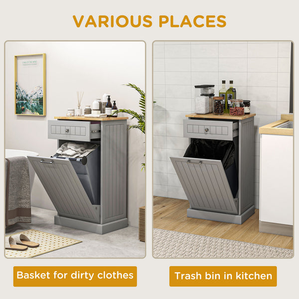 English Elm HOMCOM Tilt-Out Trash Cabinet with Drawer and Oak Top, Space-Saving Pet-Safe Kitchen Organizer W2225P200649