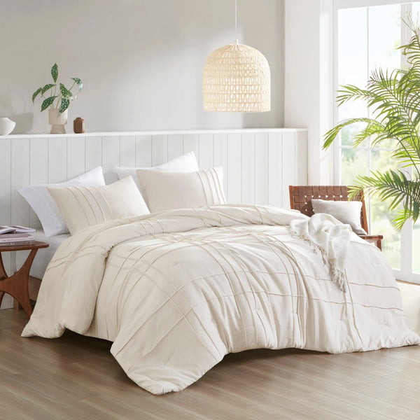 English Elm 3-piece Cal King Pintuck Pleated Microfiber Comforter Set Soft Washed Tailored Bedding Neutral B035P463229