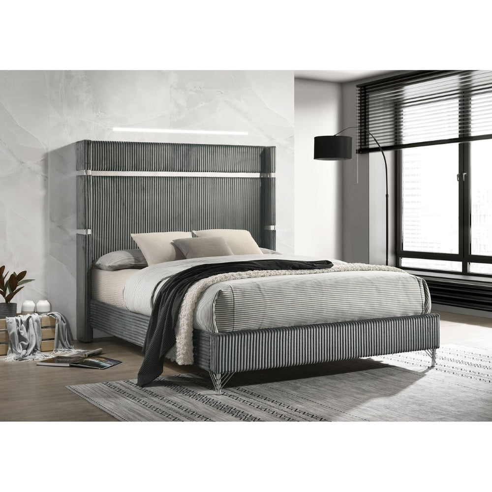 English Elm Malcolm Velvet Wingback Eastern King Bed with Gold Trim Sculptural Headboard Grey B062S01589
