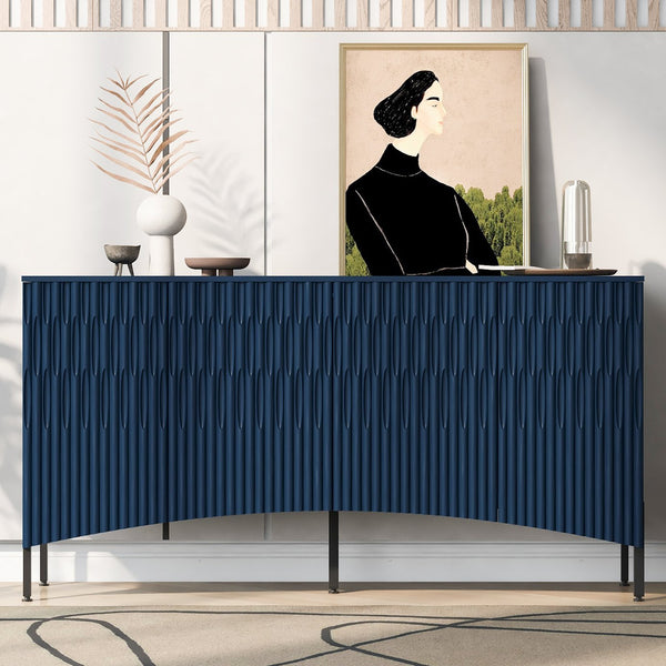 English Elm U_Style Curved Four-Door Sideboard with Arched Groove Design, MDF Construction, Metal Legs, 65" L Navy Blue N711P192404V