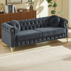 English Elm 82-inch Velvet Chesterfield Sofa Tufted Button Back with Copper Studs and Gold Metal Legs Black W834S00619