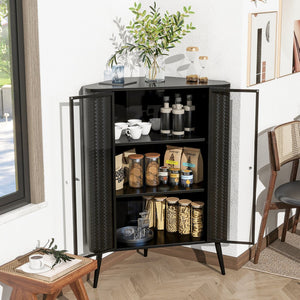 English Elm Modern 3-Tier Corner Storage Cabinet Antique Black Steel with Tempered Glass Doors, Space-Saving Organizer W3122P272936