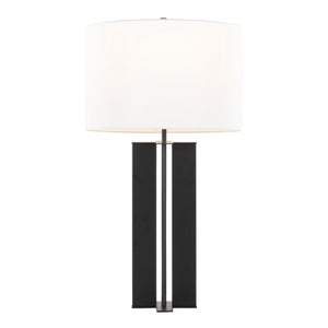 English Elm Cosmo Art Deco 28" Metal Table Lamp with Sleek Antique Brass Base and White Linen Drum Shade, Elegant Lighting Black B202P224191