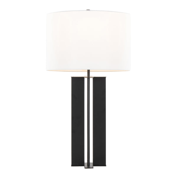 English Elm Cosmo Art Deco 28" Metal Table Lamp with Sleek Antique Brass Base and White Linen Drum Shade, Elegant Lighting Black B202P224191