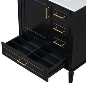 English Elm Traditional 30" Bathroom Vanity with Ceramic Basin, Soft-Close Door & Drawers, Gold Handles, Durable Wood Finish Black N729P184479B