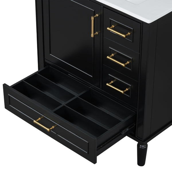English Elm Traditional 30" Bathroom Vanity with Ceramic Basin, Soft-Close Door & Drawers, Gold Handles, Durable Wood Finish Black N729P184479B