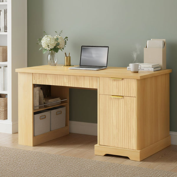 English Elm 55" Fluted White Computer Desk with Power Outlet Pegboard Cabinet and Keyboard Tray W2917P396017