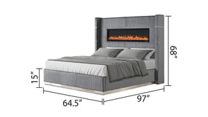 English Elm LIZELLE Queen 4PC Bedroom Set with Velvet Upholstery, LED Fireplace Display, USB, Bluetooth, Gray B009S01236