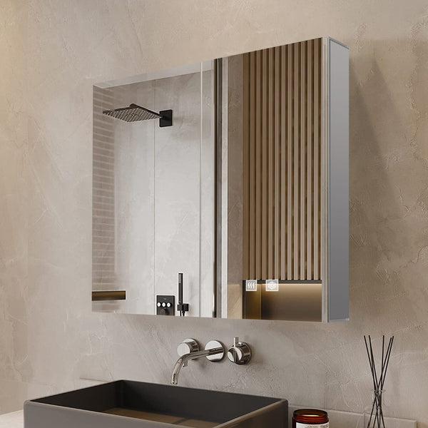English Elm Corsica Double Door Led Medicine Cabinet with Defogger and Soft Close Aluminum Frame B2731P477798