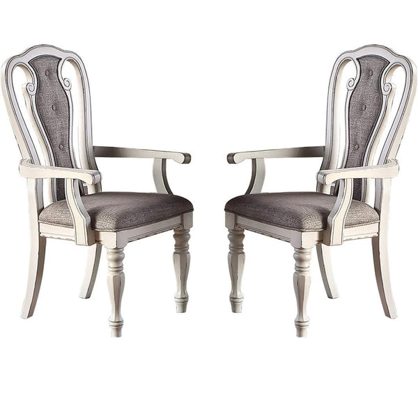English Elm Antique Extravagant 2pc Upholstered Tufted Dining Arm Chairs with Engraved Wood, Cushioned Seats B011P222500