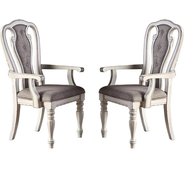 English Elm Transitional 9 Piece Oak Veneer Dining Set with Carved Chairs and Antique White Frame B011S01230
