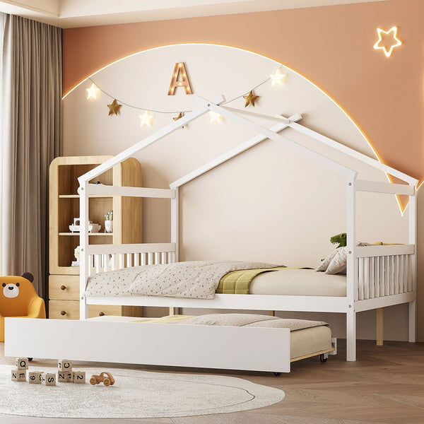 English Elm Full Size House Bed Solid Pinewood Frame with Pull Out Twin Trundle for Kids White LP000305AAK-1