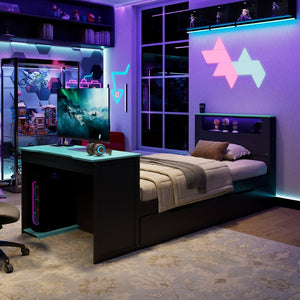 English Elm Twin Wood Gaming Daybed with Trundle Built-in Desk Rgb Lighting and Usb Port Black+Blue LT000283AAC