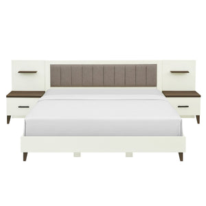 English Elm Christopher Knight Home® - King Upholstered Bed Frame with 108" Headboard and 2 Floating Nightstands, White & Brown Modern Storage N758K020304W