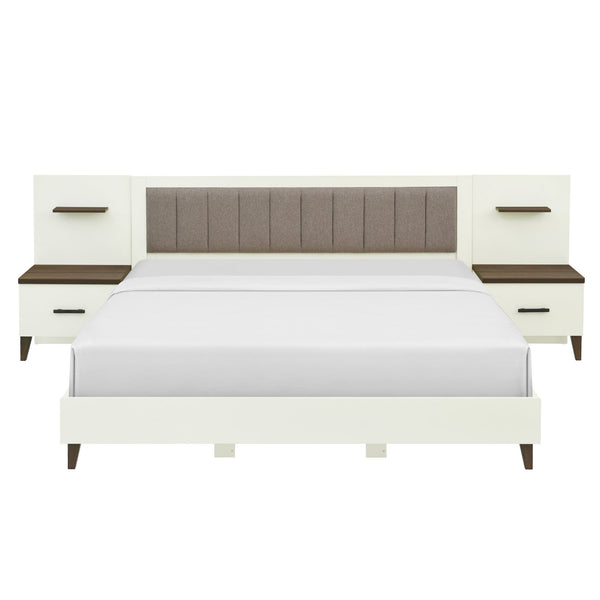 English Elm Christopher Knight Home® - King Upholstered Bed Frame with 108" Headboard and 2 Floating Nightstands, White & Brown Modern Storage N758K020304W