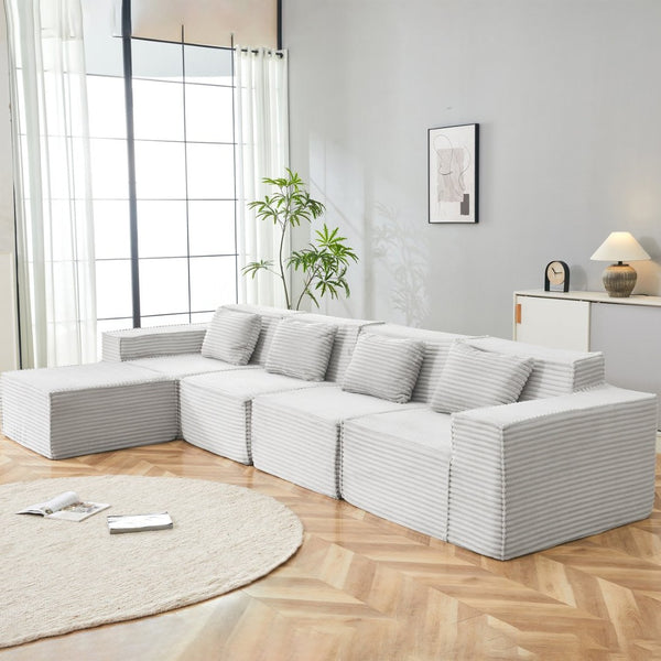 English Elm L-shaped Modular Sectional with Ottoman Corduroy Upholstery Four Seat Living Room Sofa Light Gray W2699S00093