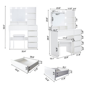 English Elm Vanity, Hollywood LED Makeup Desk with 10 Bulbs, Hair Dryer Rack, Power Strip, Drawers & Stool W2139P194438