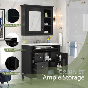 English Elm 30'' Modern Bathroom Vanity with Integrated Mirror Cabinet, Ceramic Sink, 3 Drawers & Ample Storage Black SW000126AAB-1