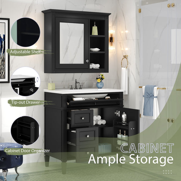 English Elm 30'' Modern Bathroom Vanity with Integrated Mirror Cabinet, Ceramic Sink, 3 Drawers & Ample Storage Black SW000126AAB-1