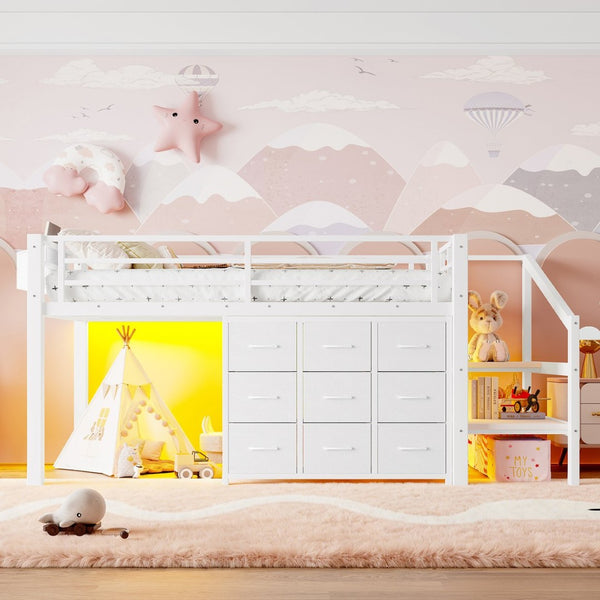 English Elm Twin Metal Low Loft Bed with Storage Stairs Fabric Drawers and Built-in Lights Light White W5305S00044