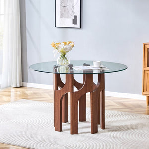 English Elm Round Tempered Glass Dining Table Sculptural Geometric Mdf Base Seats Four Compact Walnut W3875P387156