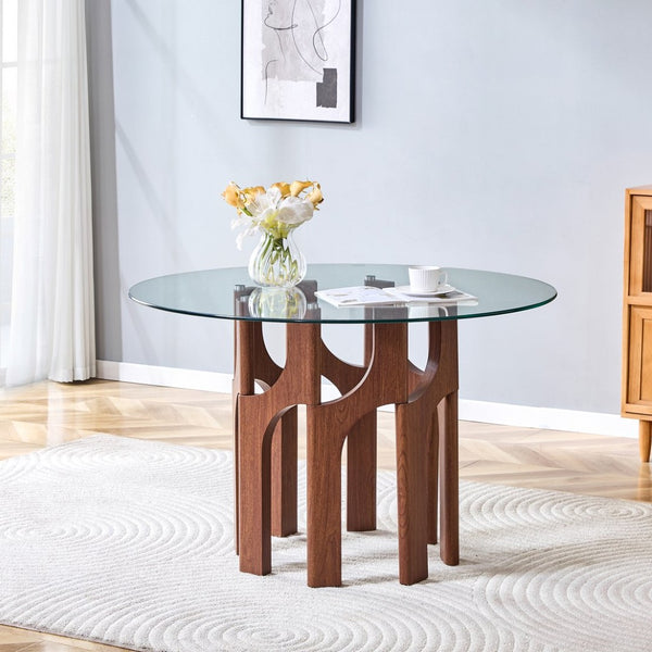 English Elm Round Tempered Glass Dining Table Sculptural Geometric Mdf Base Seats Four Compact Walnut W3875P387156