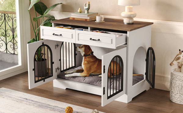English Elm 43.3" Farmhouse Mdf Dog Crate Console with Drawers and Rotating Bowls for Large Breeds N704P414598A