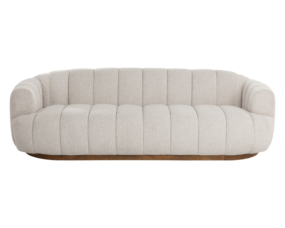 Sunpan Tadeo Sofa - Luxurious Dove Cream Upholstery With Warm Brown Oak Base & Antique Brass Accents Taupe Fabric 111828