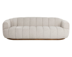 Sunpan Tadeo Sofa - Luxurious Dove Cream Upholstery With Warm Brown Oak Base & Antique Brass Accents Taupe Fabric 111828