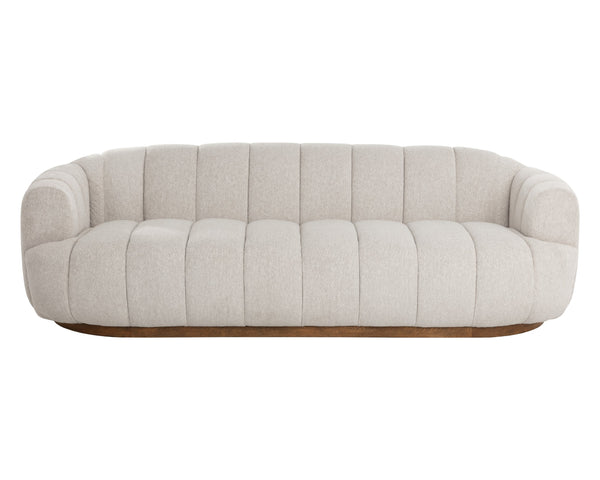 Sunpan Tadeo Sofa - Luxurious Dove Cream Upholstery With Warm Brown Oak Base & Antique Brass Accents Taupe Fabric 111828