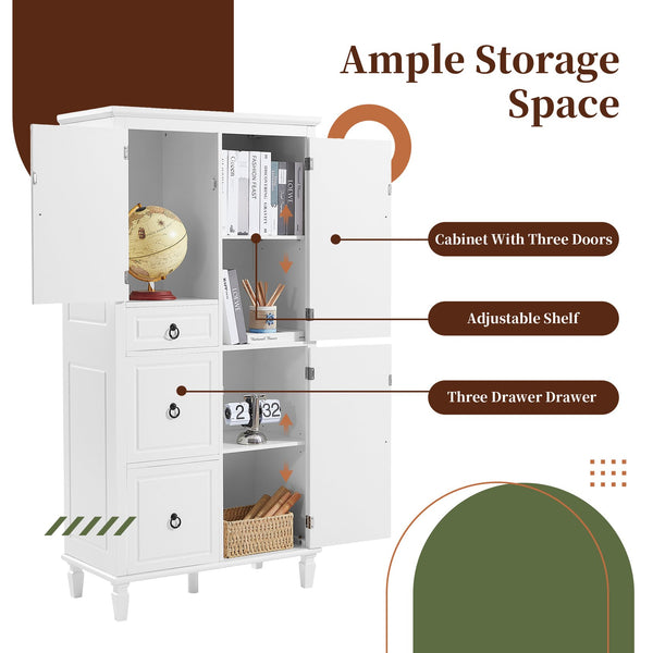 English Elm Retro Multi-Functional Storage Cabinet with Adjustable Shelves, 3 Drawers & Doors, Stylish White Organizer for Living Room Bathroom Kitchen Office - Elegant, Space-Saving Design N725P236498K