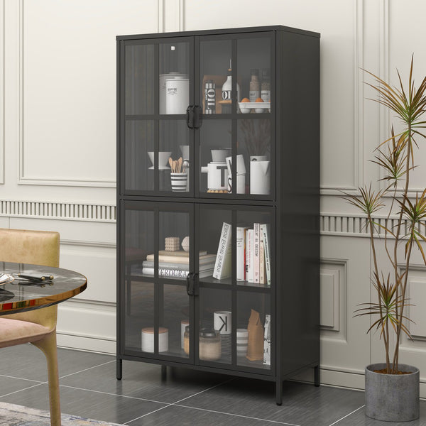 English Elm Premium Black Metal Storage Cabinet with Tempered Glass, Adjustable Shelves, Anti-Tip Safety & Silent Close T2398P263577