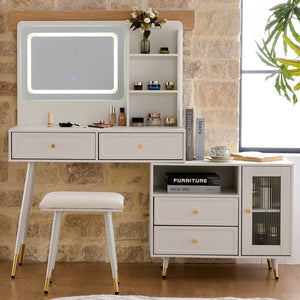 English Elm Modern Makeup Vanity Desk with LED 3-Color Mirror, Built-In Power Station, Sliding Cabinet, Stool White N844P288432A