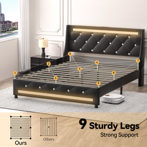 English Elm Full Bed Frame with Headboard and RGB LED Lighting, Built-In Charging Station, Silent Slats Support Black T3825P387373