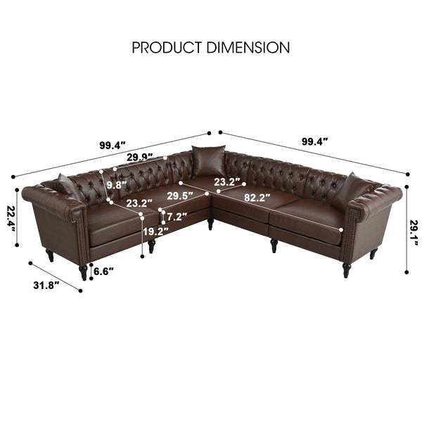 English Elm Sectional tufted Chesterfield sofa with rolled arms and nailhead trim, 5-seat reversible L-shape luxury seating for modern living spaces, durable PU leather upholstery and birch legs Dark Brown W680S00082