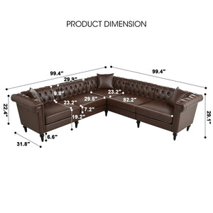 English Elm Sectional Chesterfield Sofa with Tufted Back Nailhead Trim Pu Leather 5 Seat Living Room Dark Brown W680S00113