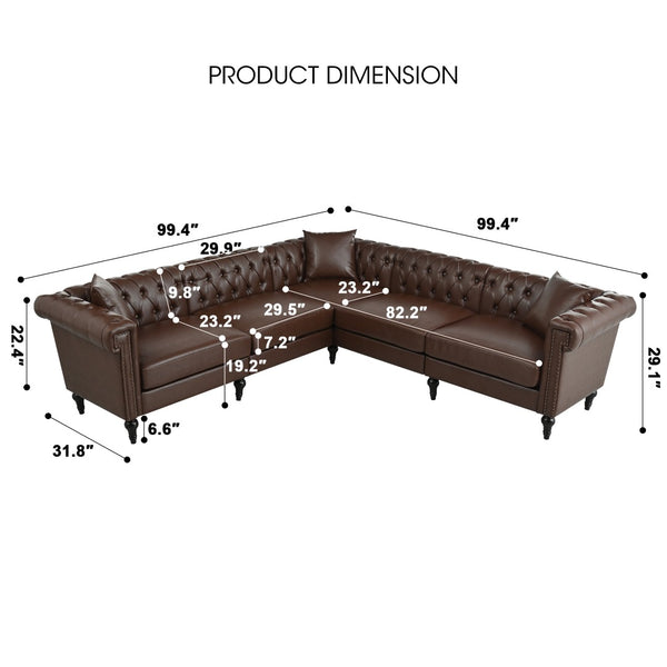 English Elm Sectional Chesterfield Sofa with Tufted Back Nailhead Trim Pu Leather 5 Seat Living Room Dark Brown W680S00113