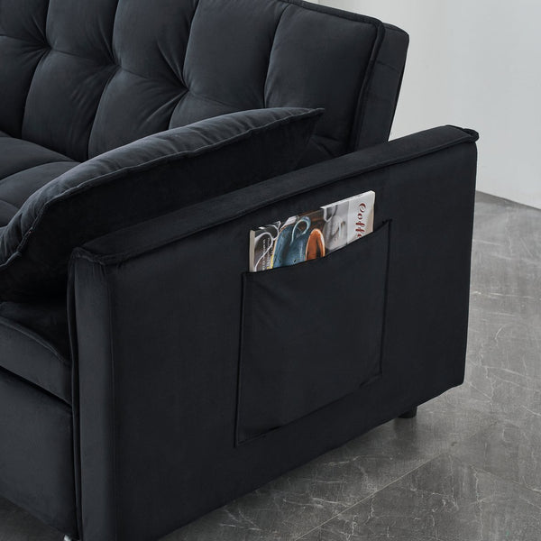 English Elm Modern Velvet Sofa Pull-Out Bed 3-in-1 Convertible Love Seat with Pillows, Spacious 500lb Support Black W3371P315001