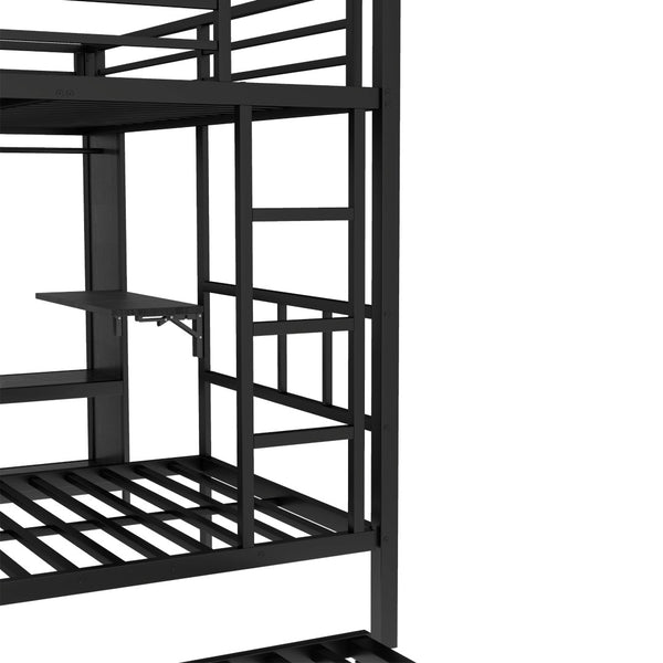 English Elm Queen Over Twin Bunk Bed With Wardrobe, Trundle, Foldable Desk & Noise-Reducing Design In Black W1580S00137-GIGA